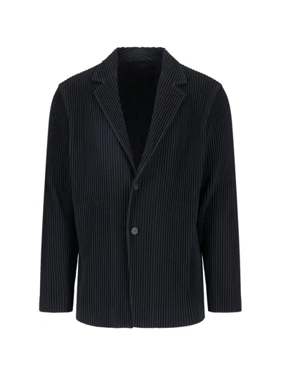 Issey Miyake Black Pleated Notch Lapel Blazer In Blue