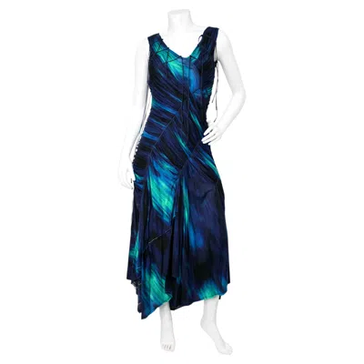 Pre-owned Issey Miyake Blue Abstract Ruched Pleated Asymmetrical Dress Circa 1990s