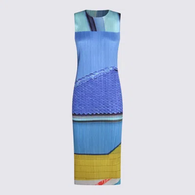 Issey Miyake Blue And Yellow Pleated Dress In Multi
