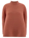 Issey Miyake High Neck Long Sleeve Ribbed Knit Top In Burgundy