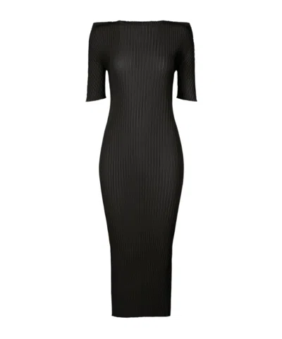 Issey Miyake Box-shoulder Pleats Midi Dress In Black