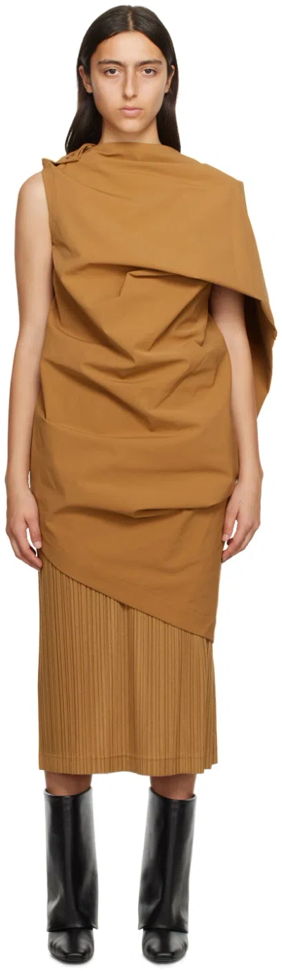Issey Miyake Canopy Asymmetric Draped Short Dress In 44-brown