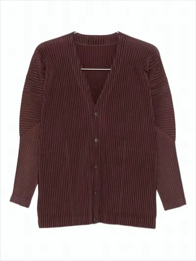 ISSEY MIYAKE BUTTON-UP TEXTURED CARDIGAN WITH DEEP V-NECKLINE AND VERTICAL PLEATS