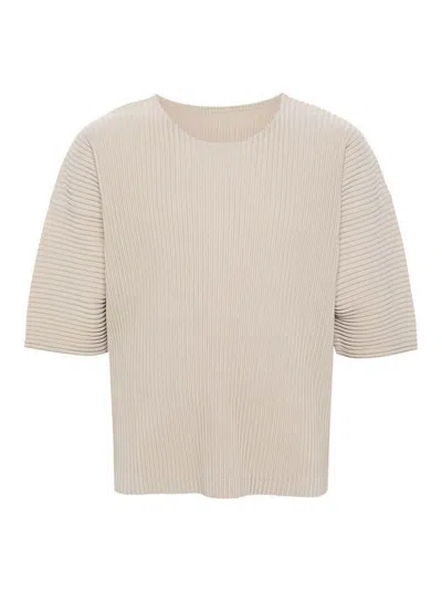 Issey Miyake Homme Plisse  Mens 43-linen Beige Pleated Crewneck Knitted T-shirt