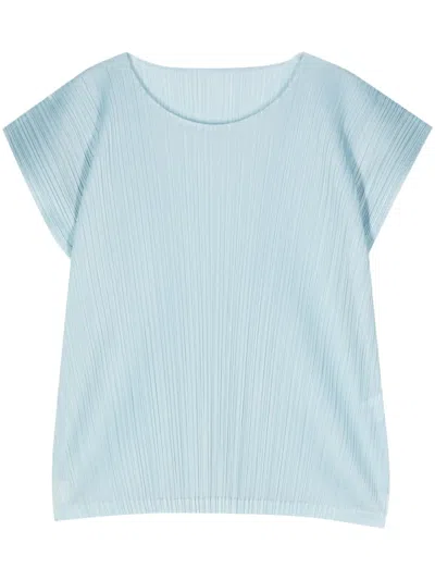 Issey Miyake Cap-sleeve Plissé-effect Blouse In Blue