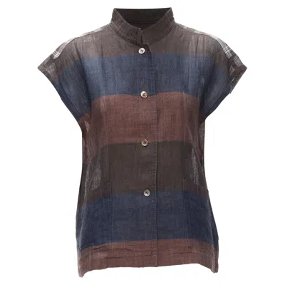 Issey Miyake Checked Patchwork Linen Shirt In Brown
