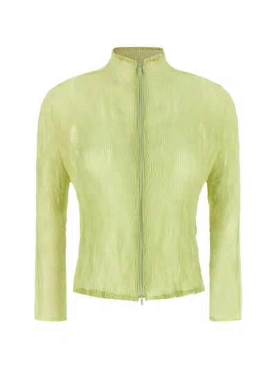 Issey Miyake Chiffon Twist 1 High Neck Long Sleeve Pleated Cardigan In Green