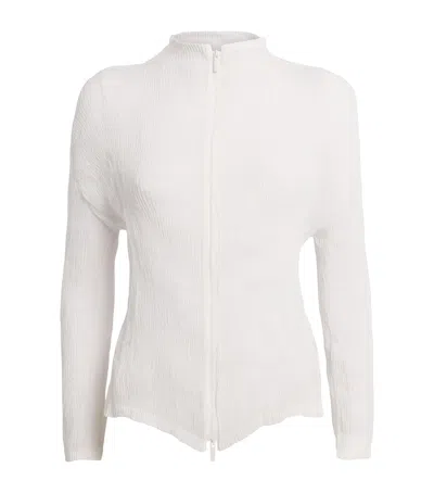 Issey Miyake Chiffon Twist Pleats Zip Cardigan In White