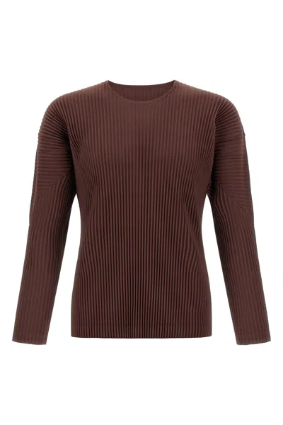 Issey Miyake Pleated Long Sleeve Ribbed T-shirt In Brown