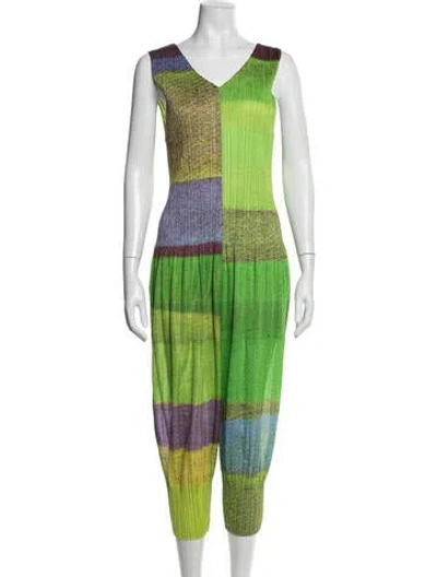 Pre-owned Issey Miyake Colorblock Pattern V-neck Jumpsuit In Green
