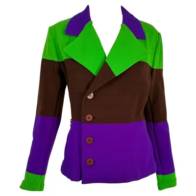 Pre-owned Issey Miyake Colour Block Nylon Knit Jacket In Acid Green Brown & Purple Small