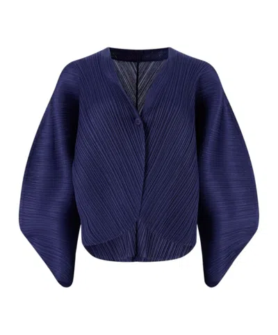 Issey Miyake Crêpe-gauze Pleated Oversized Lantern-sleeve Cardigan In Blue