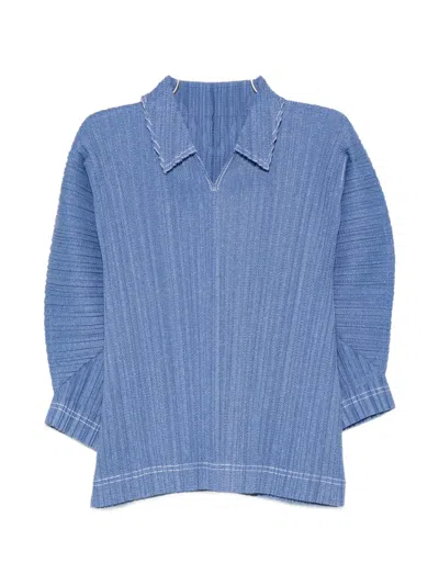 Issey Miyake Denim Collared Top In Blue