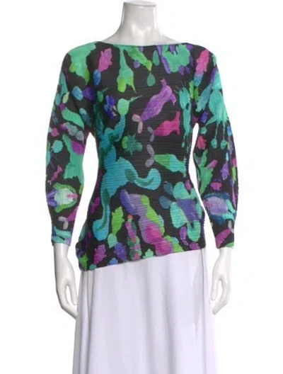 Pre-owned Issey Miyake Floral Print Bateau Neckline Top In Green