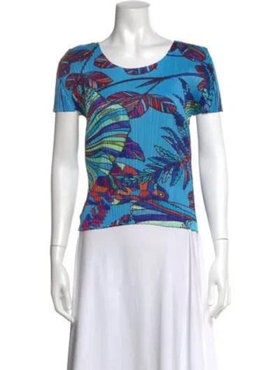 Pre-owned Issey Miyake Floral Print Crew Neck Top In Blue