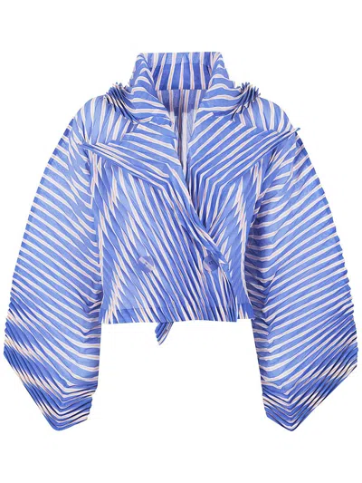Issey Miyake "generic Stripes" Hand Pleats Jacket Clothing In Blue