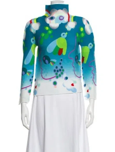 Pre-owned Issey Miyake Graphic Print Turtleneck Top In Blue
