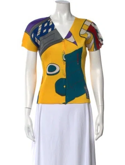 Pre-owned Issey Miyake Graphic Print V-neck Top In Yellow