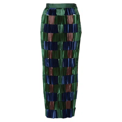 Pre-owned Issey Miyake Green Blue Pleated Satin Ribbon Skirt, 1990s