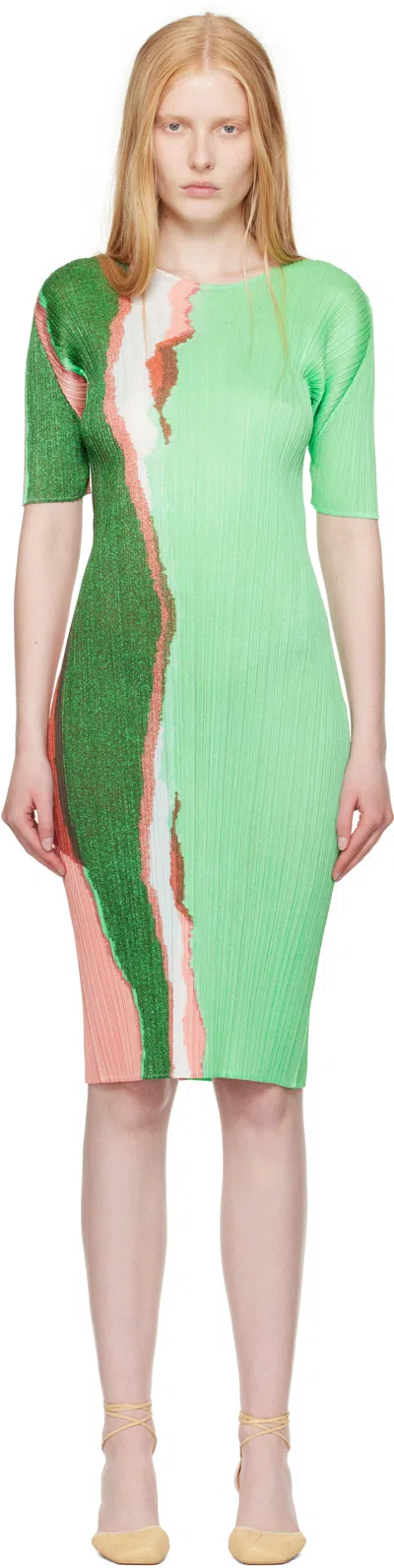 Issey Miyake Green Grainy Colors Midi Dress