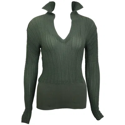 Pre-owned Issey Miyake Green Pleated V Neckline Collar Long Sleeves Top