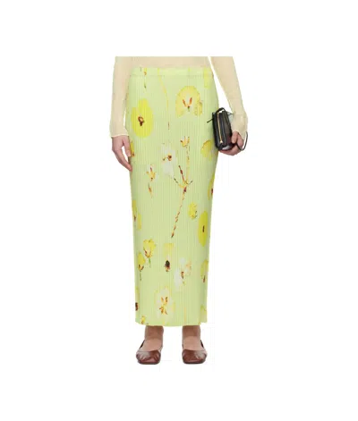 ISSEY MIYAKE GREEN PRESSED FLORA PLEATS MIDI SKIRT