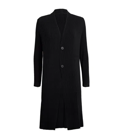 Issey Miyake Hatching Pleats Longline Coat In Black