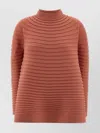Issey Miyake High Neck Long Sleeve Ribbed Knit Top In Burgundy