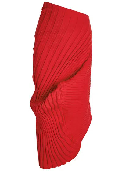 Issey Miyake Homme Plissé  Asymmetric Ribbed-knit Midi Skirt In Red