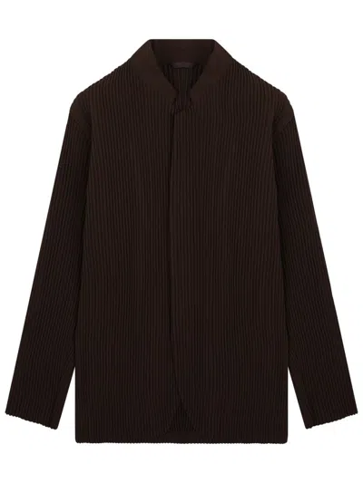 Issey Miyake Neutrals Pleated Stand Collar Polyester Jacket In Black