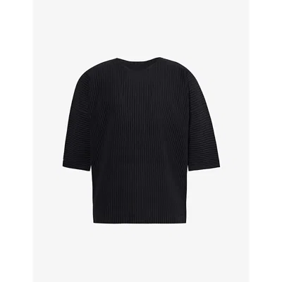 Issey Miyake Homme Plisse  Mens Black Pleated Crewneck Knitted T-shirt