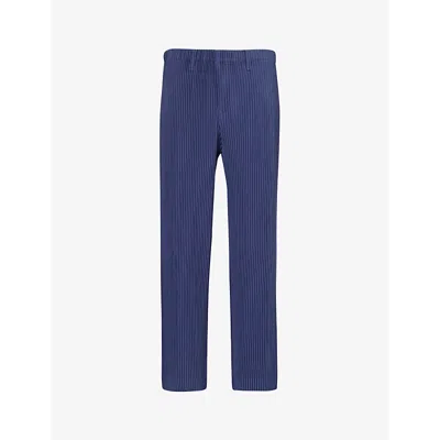 Issey Miyake Homme Plisse  Mens Blue Charcoal Pleated Straight-leg Regular-fit Knitted Trousers