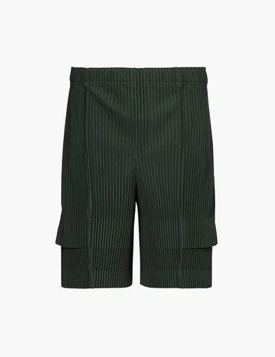 Issey Miyake Homme Plisse  Mens Deep Green Pleated High-rise Knitted Shorts