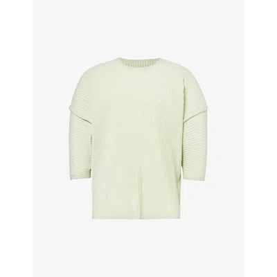 Issey Miyake Homme Plisse  Mens Light Jade Green Pleated Crewneck Knitted T-shirt