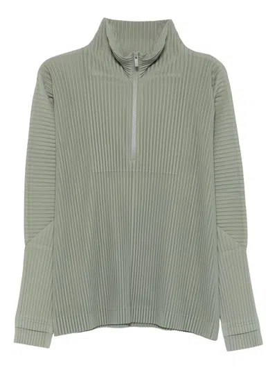 Issey Miyake Homme Plisse'  Pleated Half-zip Sweater In Green