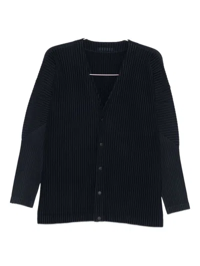 Issey Miyake Homme Plisse'  Men Pleated V-necked Cardigan In Blue