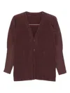 Issey Miyake Button-up Textured Cardigan With Deep V-neckline And Vertical Pleats In Brown