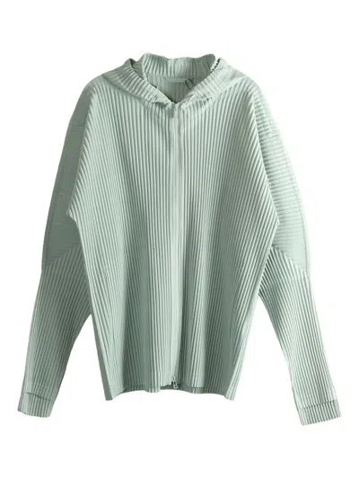 Issey Miyake Homme Plisse'  Men Pleated Zipped Hoodie In Green