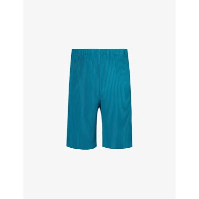 Issey Miyake Homme Plisse  Mens Teal Green May Pleated Knitted Shorts In Blue