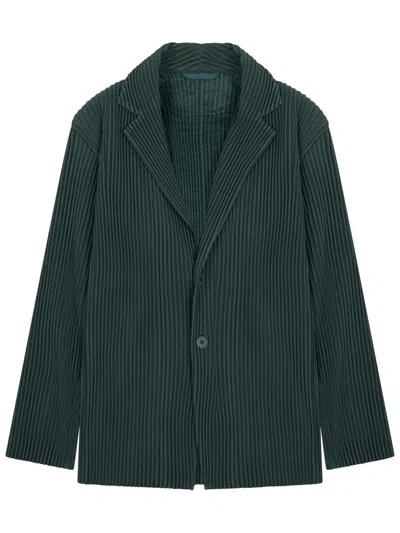 Issey Miyake Textured Pleated Jacket With Classic Lapel In Green