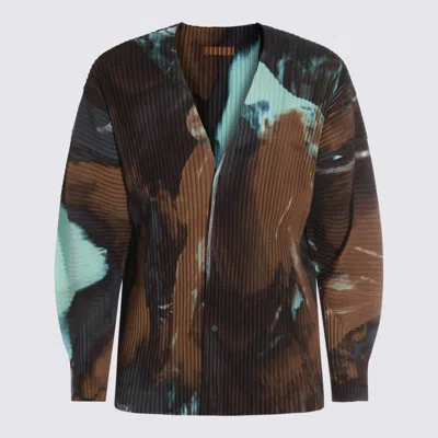 Issey Miyake Long Sleeve Abstract Pattern Pleated Jacket In Brown