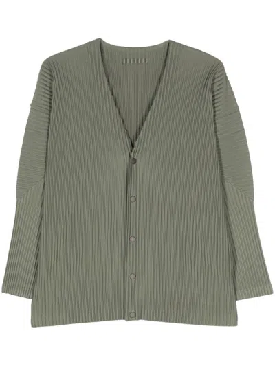 Issey Miyake Homme Plissé  V-neck Pleated Cardigan In Green