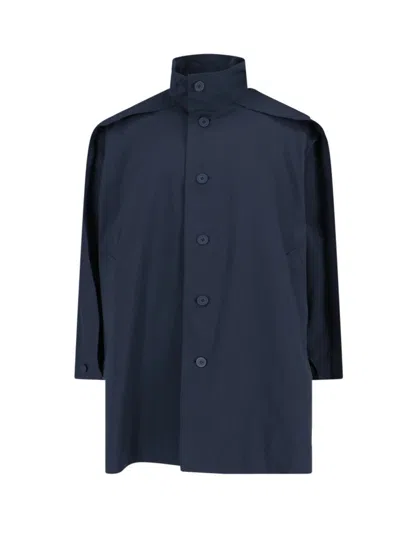 Issey Miyake Homme Plissé  Wing Buttoned Straight Hem Coat In Blue