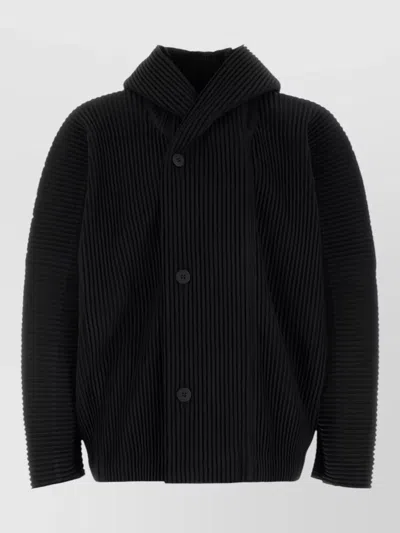Issey Miyake Hooded Polyester Jacket Long Sleeves Ribbed In Black