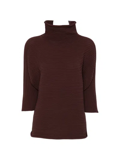 Issey Miyake Horizontal-pleated High-neck Top In Burgundy