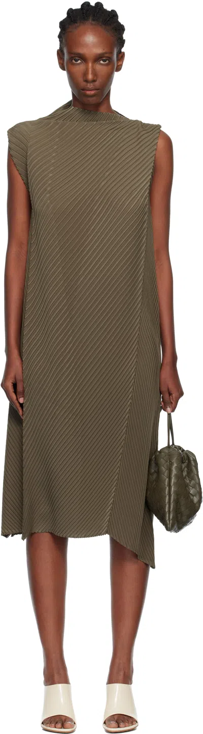 Issey Miyake Khaki Soft Fold Pleats Midi Dress In Green