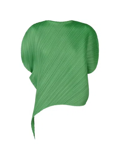 Issey Miyake Leaf Asymmetric Pleated Blouse In Green