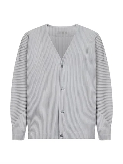 Issey Miyake Light Grey Pleated Fabric Cardigan In Gray