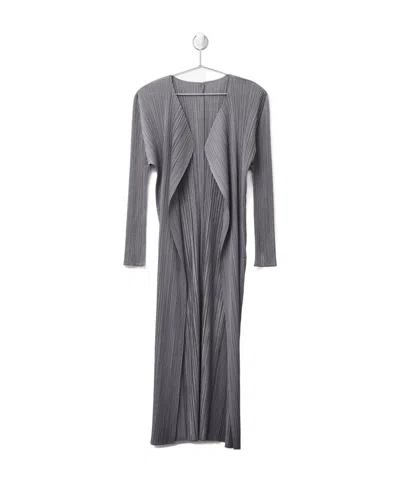 Issey Miyake Long Cardigan Coat With Pleated Details In Gray