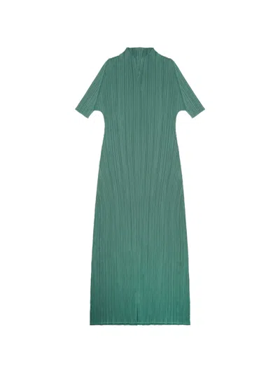 Issey Miyake March Pleated Short-sleeve Midi Dress In Green